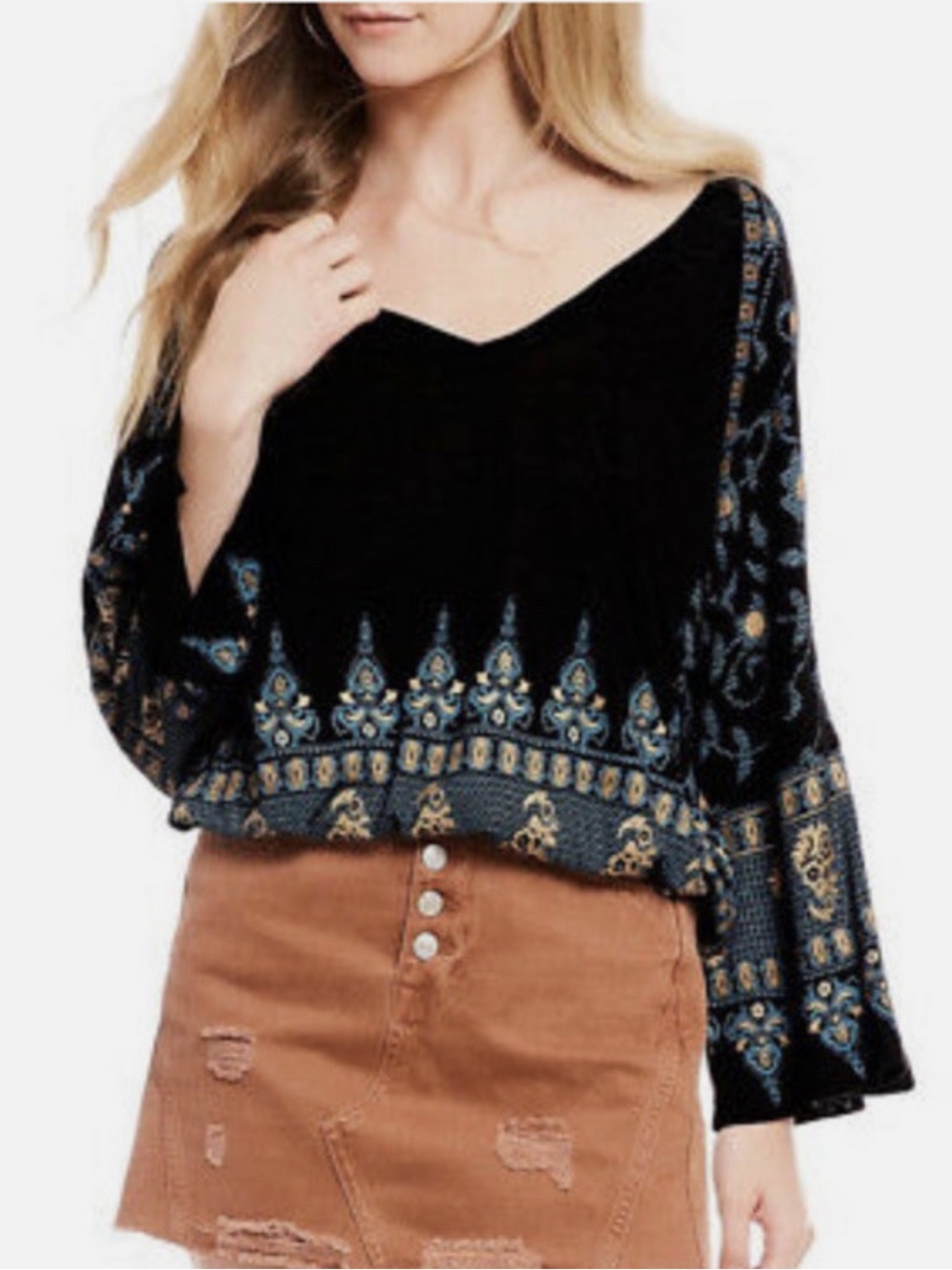 Free People Medallion Printed Dolman Boho Blouse V-Neck Black Blue, size Small